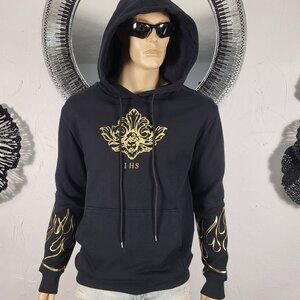 NWT~$245~IHS~M/L~BLACK GOLD 3D LAMINATED FLAMES & ANGEL LOGO HOODIE JACKET